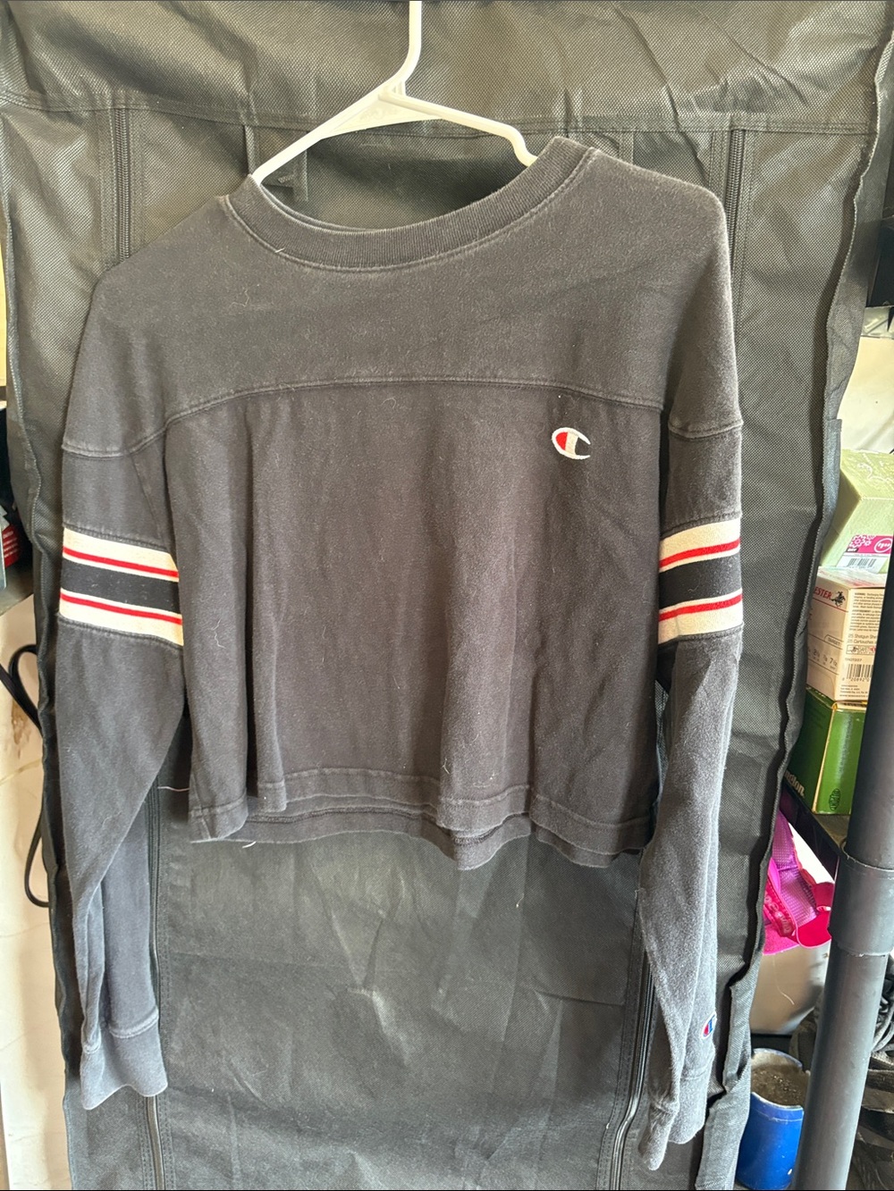 Champion Black Cropped Sweatshirt with Red and White Sleeve Stripes